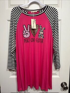 Southern Stitch Peace Love Easter Hot Pink Raglan Tee with Black & White Stripes
